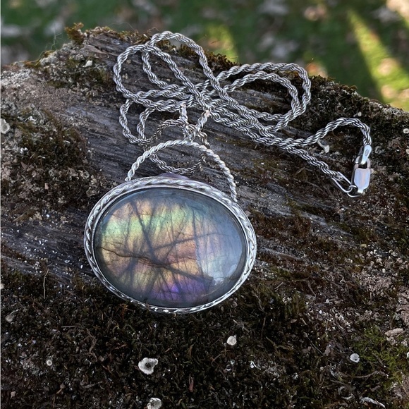 Labradorite Necklace Oval Sterling Silver Necklace Rainbow
